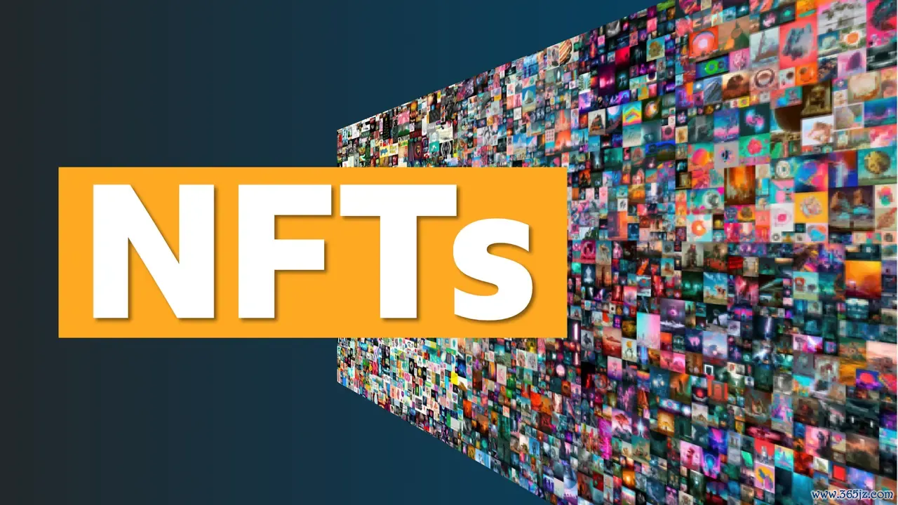 图片展示了一系列彩色的数字艺术作品，形成一面墙，前方有“NFTs”字样醒目展示，暗示这是一系列非同质化代币作品。